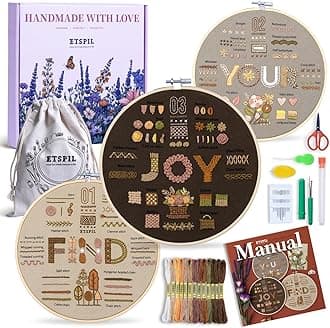 ETSPIL Find Your Joy Beginner Embroidery Kit,3 Pack DIY Starter Kits for Adults with 42 Stitch, Stamped Patterns, Floral Designs, Embroidery Hoop, Colorful Floss, Video Tutorials, and Storage Bag
