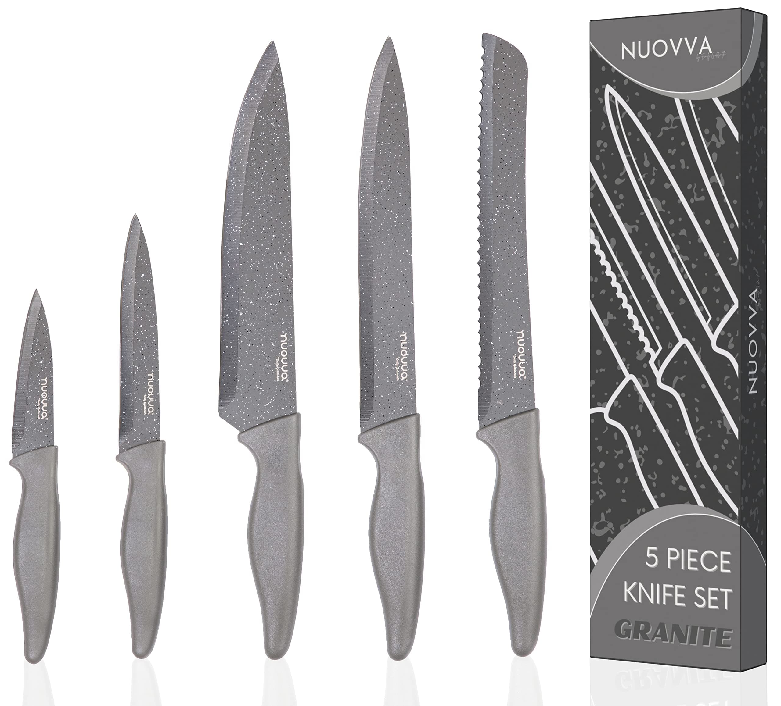 Professional Kitchen Knife Set – 5Pcs Stainless Steel Grey Granite Knife Set - Sharp & Non Stick Blades Lightweight – Chef, Bread, Utility, Filleting & Paring Tools