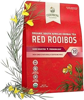 - Cederberg Tea Company Red Rooibos Tea Bags USDA Certified South African Organic Herbal Tea, Naturally Caffeine Free Tea, Non-GMO, Premium Leaf, Rich in Antioxidants, 30 Count
