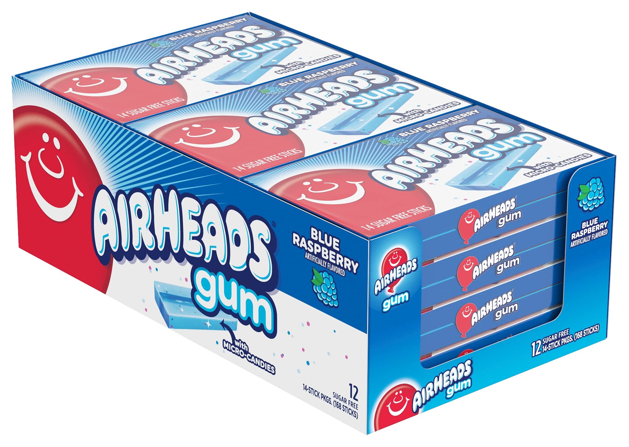 Airheads Chewing Gum, Sugar Free Gum with Micro-Candies, Blue Raspberry Flavor Artificially Flavored, 14 Sticks (12-Pack)