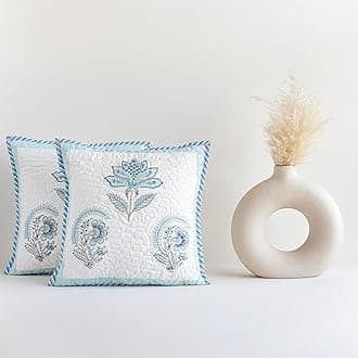 HOMEMONDE Hand Block Printed Soft Cushion Cover Set Of 2 - Square 16 X 16 Inches Cotton Throw Pillow Cover, Baby Blue, 300 TC