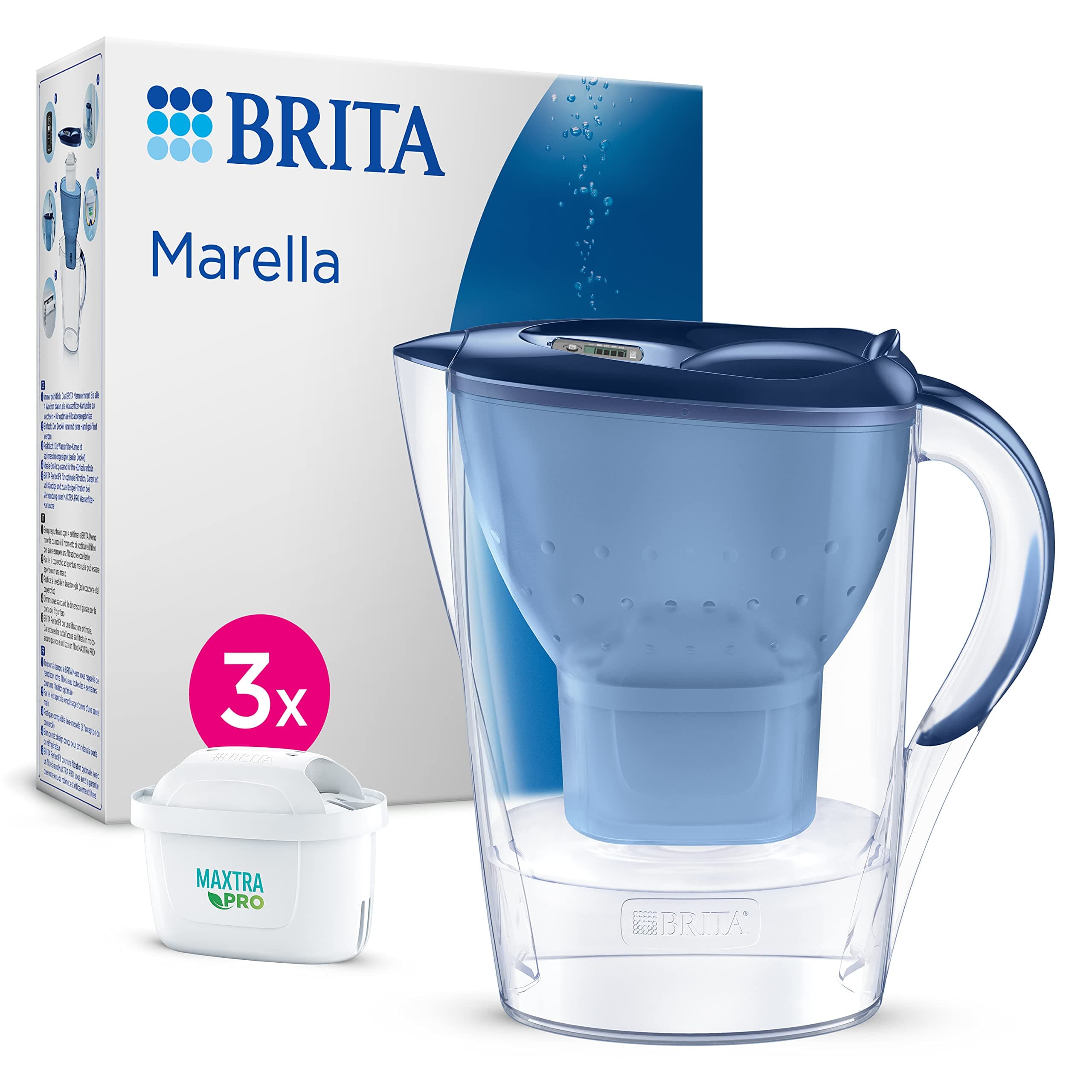 Marella Water Filter Jug Blue (2.4L) Starter Pack incl. 3x MAXTRA PRO Pure Performance cartridge - fridge-fitting jug with digital LTI and Flip-Lid - now in sustainable Smart Box packaging