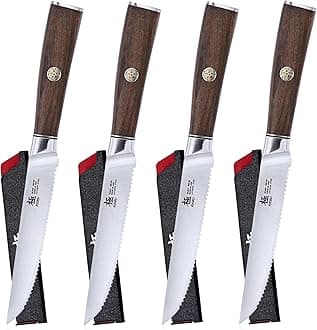 KYOKU 5 Inch Steak Knife Set of 4 - Daimyo Series Japanese 440C Stainless Steel Serrated Steak Knives - Ergonomic Rosewood Handles Mosaic Pins - with Sheaths & Case