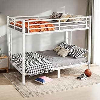 Queen Over Queen Bunk Bed, Metal Bunk Bed Frame Heavy Duty Bunk Beds Loft Bed Frame with Ladder and Guardrail Metal Slats No Box Spring Required for Adults Teens, White