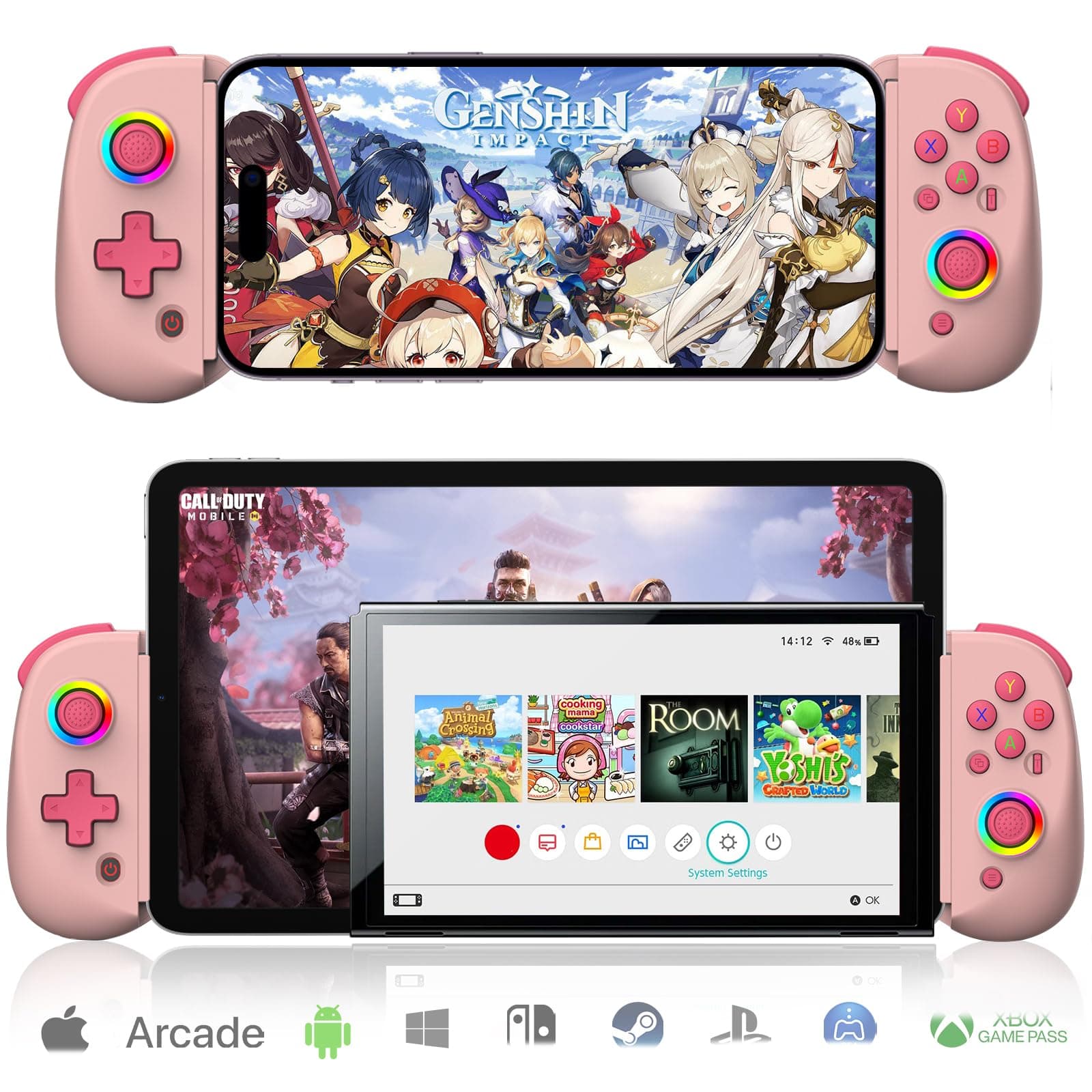 arVin Mobile Gaming Controller for iPad/Tablet[Within 5-10"] Phone Game Controller for iPhone/Android with RGB Hall Effect Joystick/Turbo/6-Axis Gyro/Vibration/Support Streaming on Xbox/PS4/PC Console