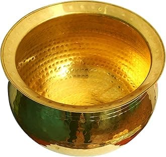HOKOYA Brass Handi (4 Litre Water Capacity) | Mirror Finish Bowl | Light Weight Brass Cookware | Utensils for Kitchen Cooking Pot | Indian Kitchenware | Gift for Home Chefs