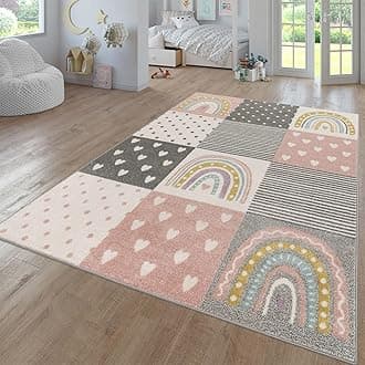 TT Home Nursery Area Rug Kids Rug For Bedroom Girls Boys Modern Rainbow Cloud Rug Animal Motif Colourful, colour:Grey Pink Cream, Size:160 cm round