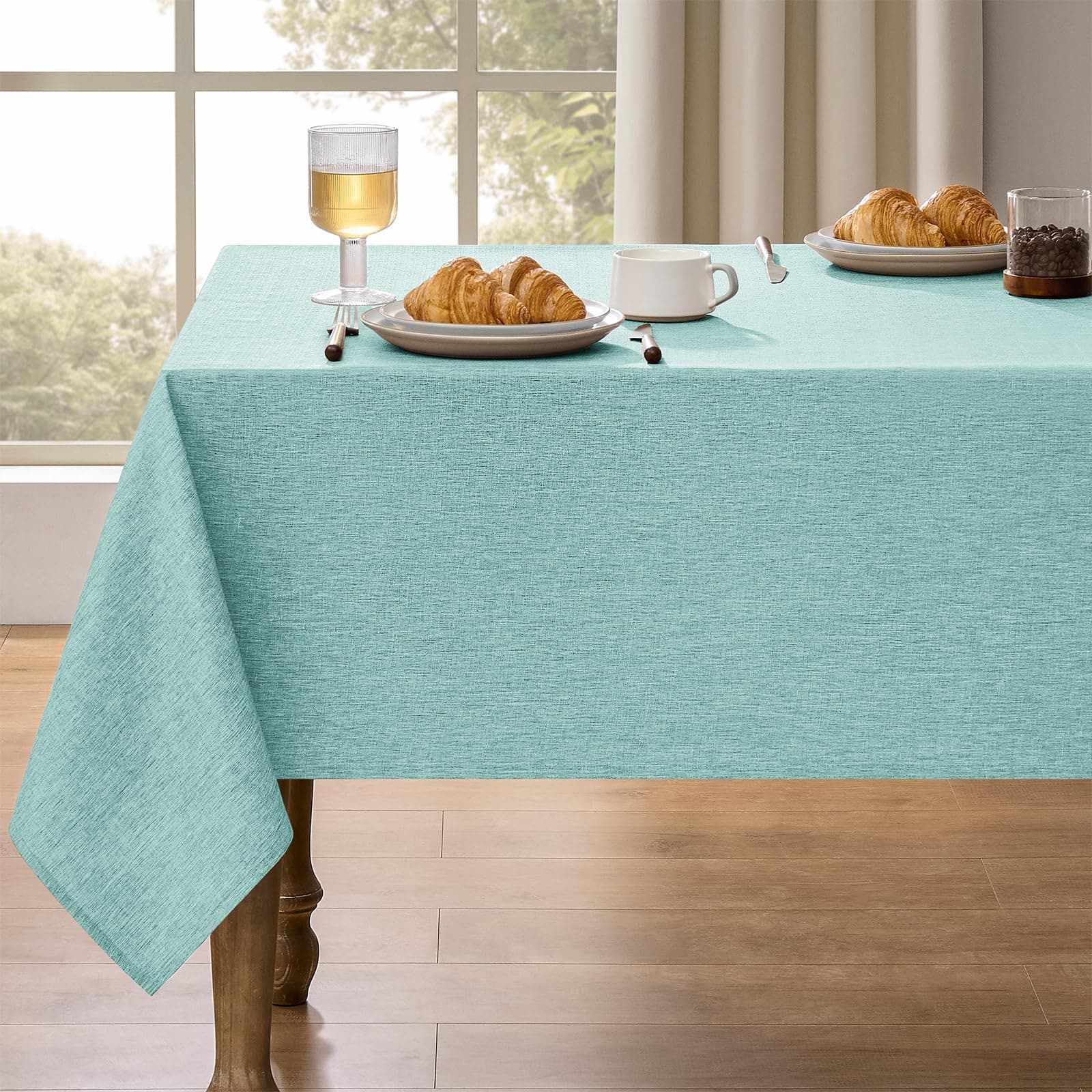 Decorelia Linen Rectangle Tablecloth for Dining Table, Coffee Table, Soft Wrinkle-Free Wipe Clean Table Cloth for Party, Wedding, Outdoor, Easy to Clean(Oblong, 52 x 70 Inch (4-6 Seats), Aqua)