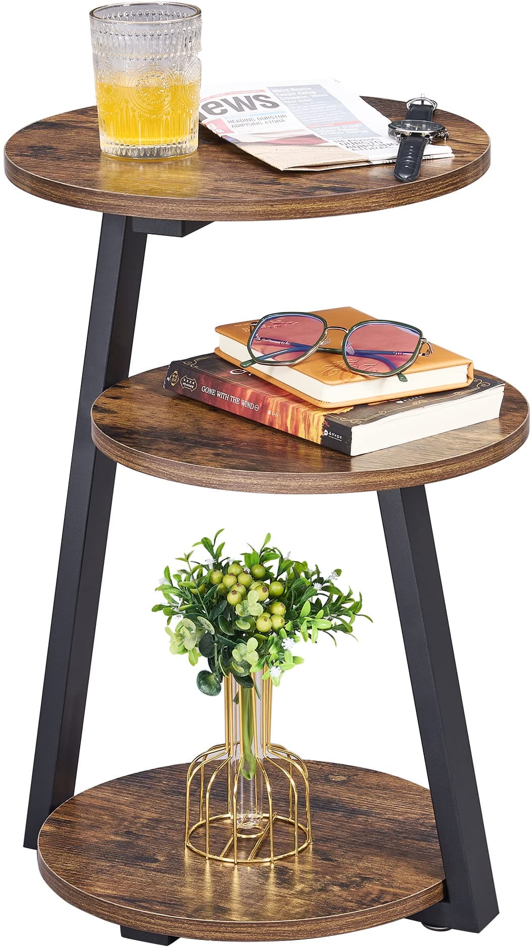 BEWISHOME Round End Table Side Table with Metal Frame, Accent Nightstand Bedside Table with 3-Tier Shelves, Small Couch Coffee Table for Living Room Bedroom Rustic Brown KTZ41Z