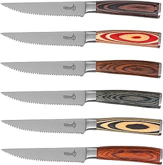Slitzer Germany 6-Piece 9 Inch Steak Knife Set - Professional, High-Performance Serrated Knife Blades, Pakkawood Handles - Stainless Steel Hand Bolster & Butt