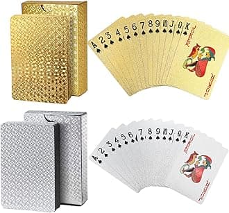 Joyoldelf 2 Decks of Playing Cards, 24K Foil Waterproof Playing Cards & Flexible Poker Cards with Box - Classic Magic Tricks Tool for Party, Game and Cardistry, 1 Gold + 1 Silver