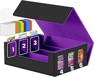 Trading Cards Storage Box - 6-Window Display 2400+ TCG Commander Deck Case with 6 Card Holders for Magic the Gathering YuGiOh Sports MTG TCG PICG Black and Purple