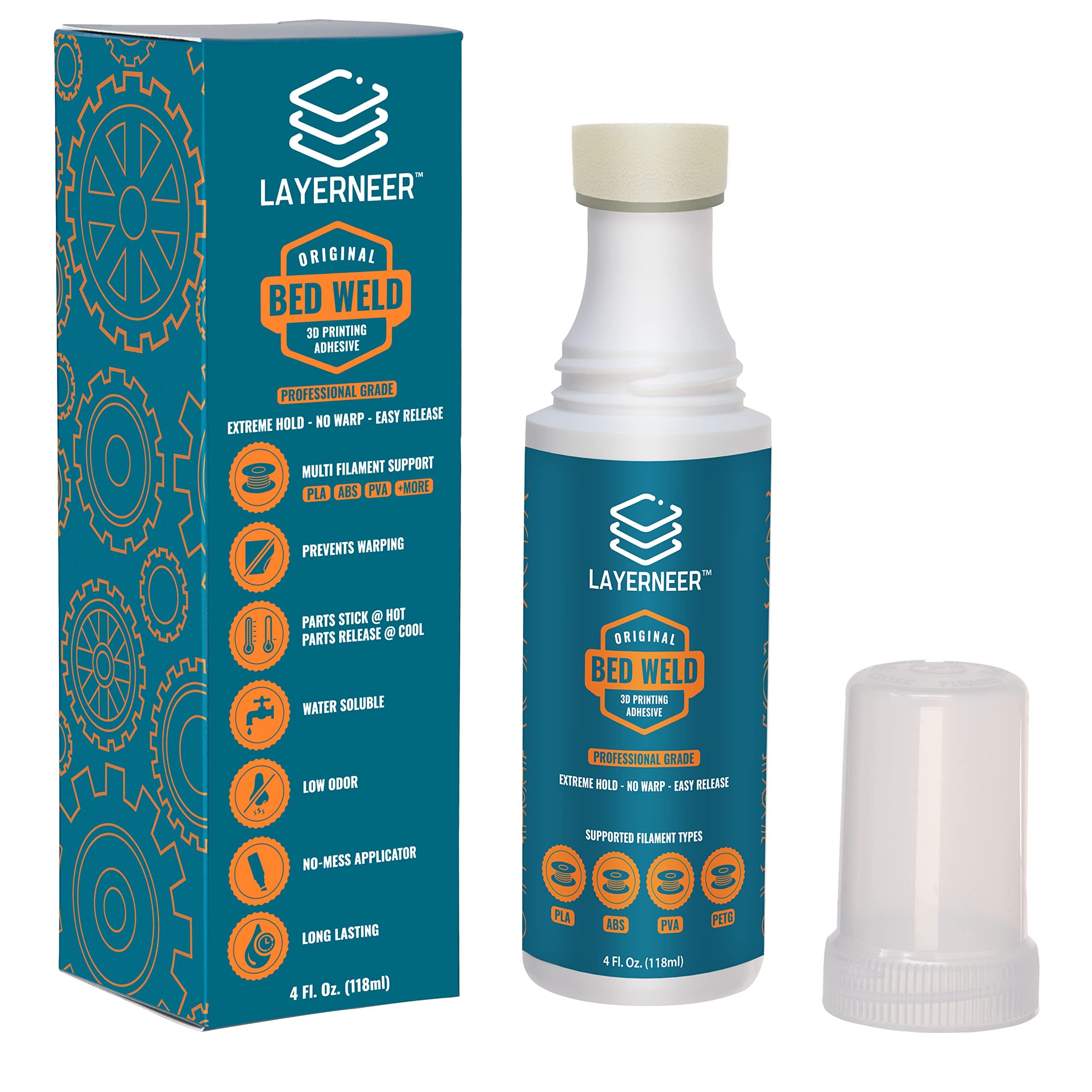LAYERNEER 3D Printer Adhesive Glue, Bed Weld Original, Strong Grip Reduces Warping for ABS, PLA, and PETG Filament on Heated Build Plates, 4 oz.