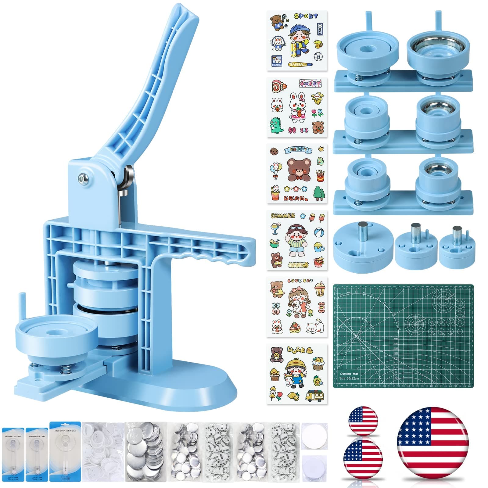 Button Maker Machine Multiple Sizes (4th Gen), Pin Maker 1+1.25+2.25 inch / 25+32+58mm, Badge Button Press Machine with Cutting Mat & 300 Sets Badge Making Supplies & Circle Cutter