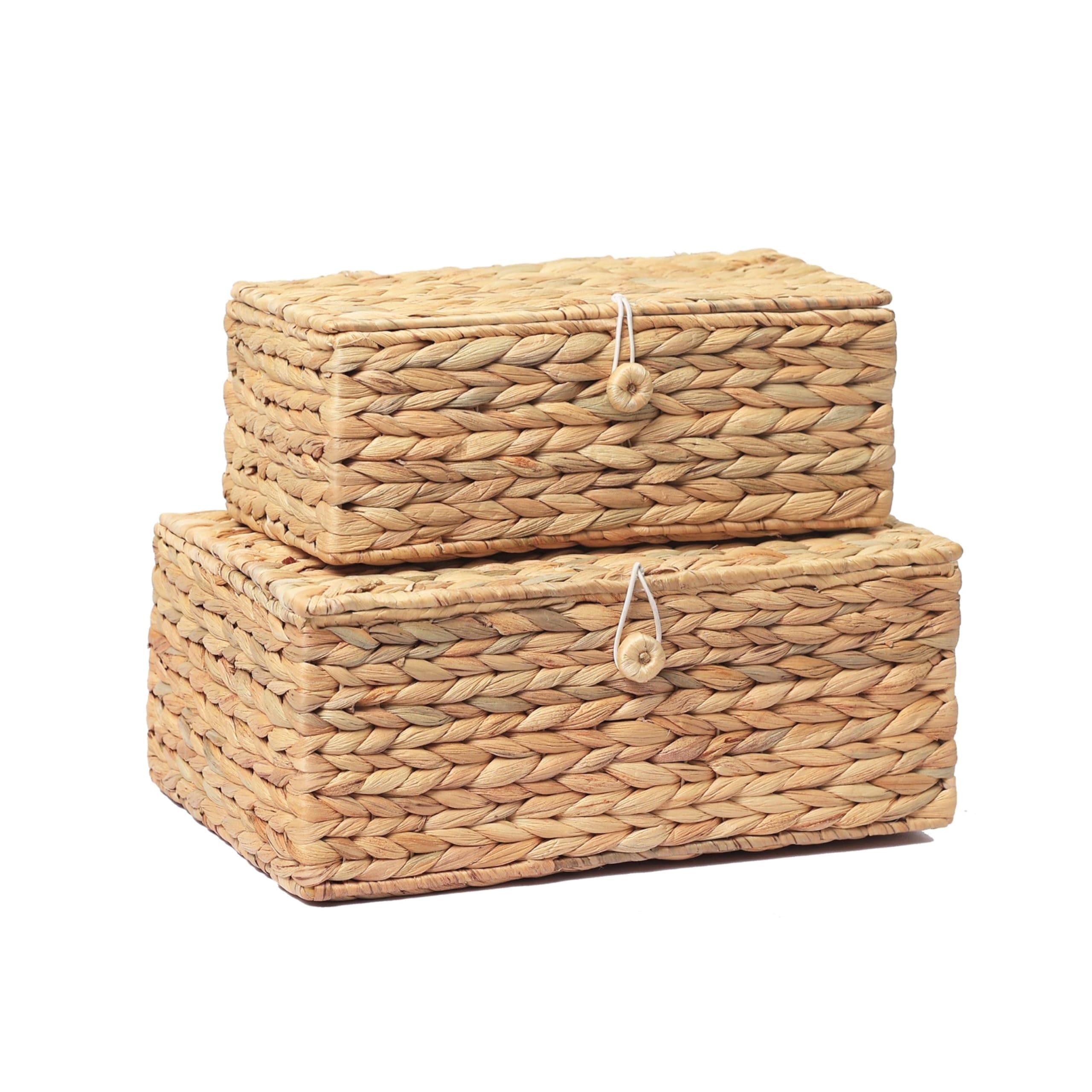 Set of 2 Rectangular Wicker Storage Bins with Lid, Rattan Basket Decorative Boxes, Multipurpose Organizer Display Boxes for Shelf Organizer, Boho Rattan Box for Home Decoration