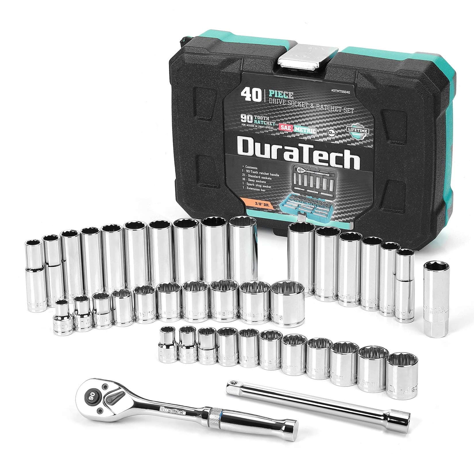 3/8" Drive Socket Set, 40 Piece Tool Set Including Standard (SAE) and Metric Sockets, 90-Tooth Ratchet Handle and Extension Bar