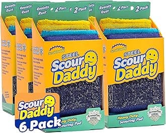 Steel Scouring Pad Scrub Sponges - Stainless Steel Scour Daddy - Stainless Steel Fibers Do What Scrubbing Sponges Can't - Durable, Shred-Resistant Scrubbing Pads - 2 Count (6 Pack)