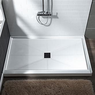 WOODBRIDGE 60"L x 34" W x 4"H Shower Base,Center Drain,Non-Slip Single Threshold Shower Pan, Solid Surface with Matte Black Linear Drain Cover
