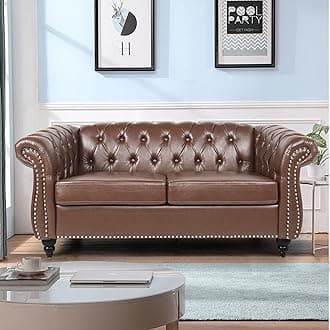 Leather Sofa, Chesterfield Tufted Upholstered 2 Seater Couch, Modern Loveseat Couch Classic Furniture for Living Room Bedroom (Dark Brown)