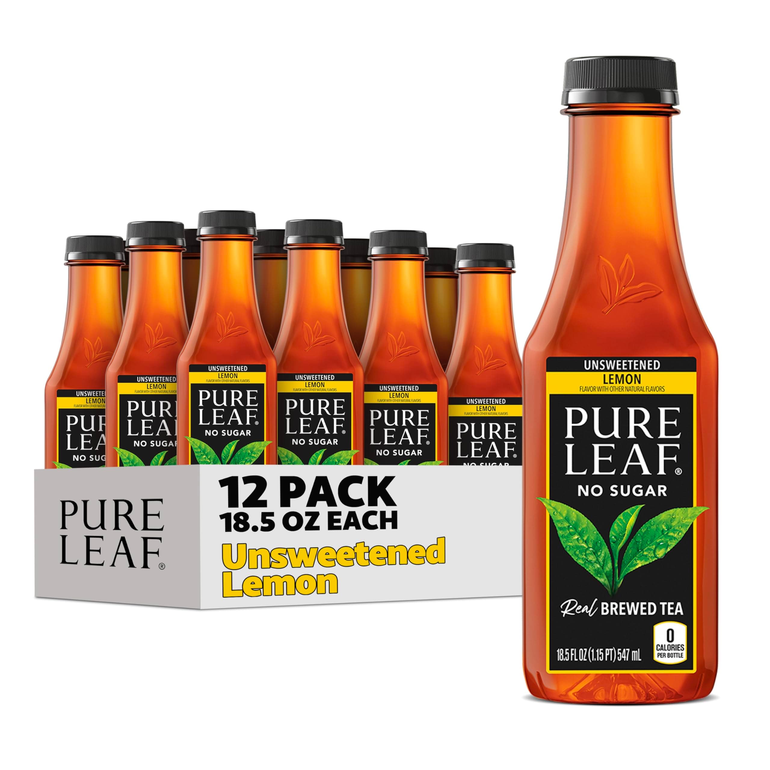 Pure Leaf Iced Tea, Unsweetened Lemon, Real Brewed Tea, Zero Sugar & Zero Calories, 18.5 Fl Oz Bottles (Pack of 12)