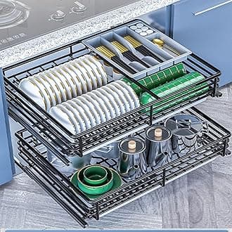 IMPREC Slide Pull Out Drawers, Double Tier Roll Out Wire Basket Drawers Kitchen Cabinet Slide Out Storage Pot And Pan For Kitchen (Color : Noir, Size : 600)