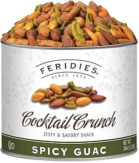 - FERIDIES Gourmet Cocktail Crunch Spicy Guac Snack Mix for Adults with Tangy Buffalo and Guacamole Flavors, Premium Virginia Peanuts, Almonds, Sesame Sticks - 36 Oz Tin