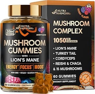 Mushroom Gummies - Lions Mane | Turkey Tail | Cordyceps | Reishi & Chaga - 20-in-1 Natural Mushroom Supplement 1050 mg - Energy, Focus, Mood & Cognitive Support - Vegan, Berry Flavor - 60 Gummies
