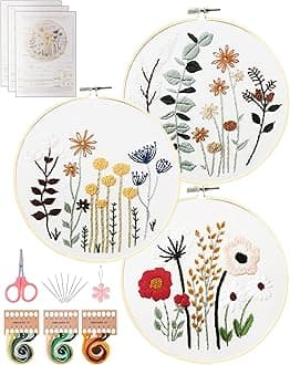 Santune 3 Sets Embroidery Kit,Cross Stitch Kits for Beginners,Needlepoint Kits for Adults with Easy Stamped Floral Pattern Fabric Hand Crafts,Hoop,Needle,Women DIY Hanging Plants,Sewing Hobby