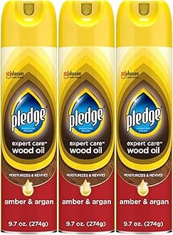 Pledge Moisturizing Wood Oil, Furniture Reviving & Protecting Conditioner and Dusting Spray, Revitalizes Wood, Sealed Leather & Laminate, Made with Mineral Oils - Amber & Argan Scent, 9.7oz, Pack of 3
