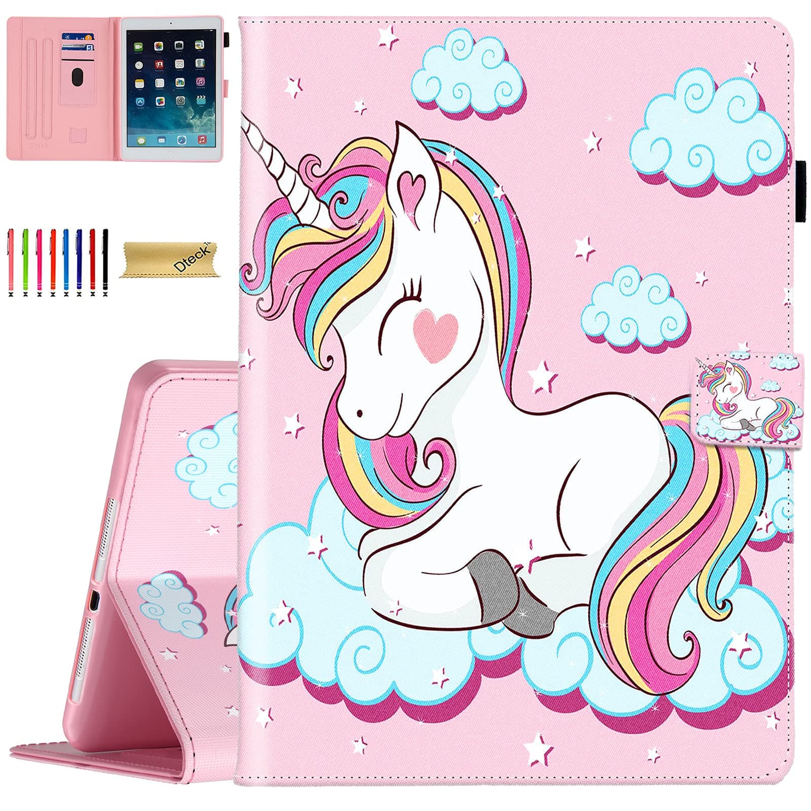 Dteck Cute Kid Case for Galaxy Tab A 10.1" (2019) Tablet SM-T510/T515, PU Leather Protective Lightweight Fold Stand Cover with Adjustable Viewing Angles, 3 Card Slots, Slim Folio Shell, Pink Unicorn