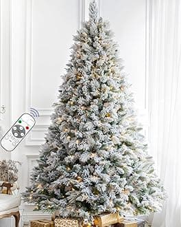 7.5FT Pre-lit Snow Flocked Christmas Tree Spruce with Remote Control, 600 Warm White Multi-Color Lights, Artificial Hinged/Feel Real/Realistic for Home, Holiday Decoration Dual Color LED