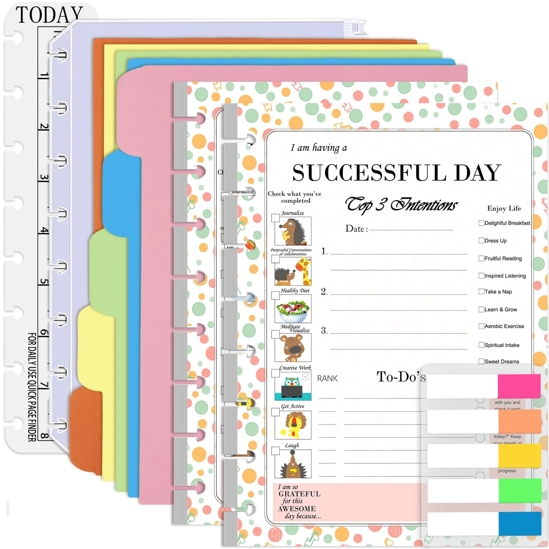 Discbound Junior Daily Planner Refills, 180 Pages 8 Disc Punched Half Letter Paper Inserts w/Index Tabs, Binder Dividers, Loose-Leaf Bag, Ruler For Circa, Arc, TUL, Happy Planner, 5.5x8.5"