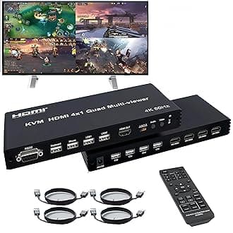 4K HDMI Multiviewer 4X1 with KVM PIP,4HDMI/4PC in 1 Out Seamless Switch 1 2 3 4 Screen Supports 4K30Hz Input and 4K60Hz ouput KVM(Keyboard&Mouse Control Computer) IR RS232 8Modes 1×1 2×1 3×1 4×1 etc