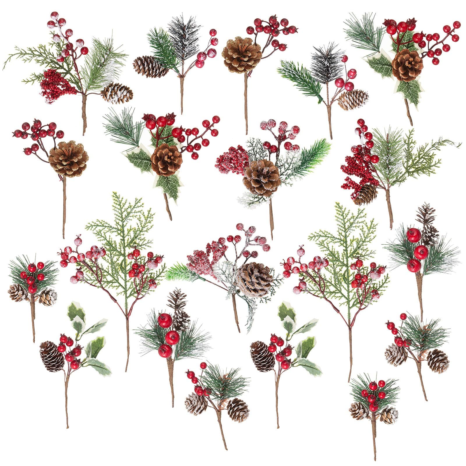 Crafare 20 Pack Artificial Christmas Tree Picks Assorted Red Berry Pine Picks Spray with Pinecones Apples Holly Leaves Winter Holiday Season Déco