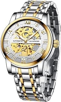 A ALPS Mens Watch Skeleton Luxury Mechanical Stainless Steel Waterproof Black Automatic Self-Winding Roman Numerals Diamond Dial Wrist Watch