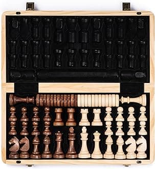A&A 15" Magnetic Wooden Chess & Checkers Set/Folding Board / 3" King Height Handmade Chess Pieces/Walnut & Maple Inlaid /2 Extra Queen