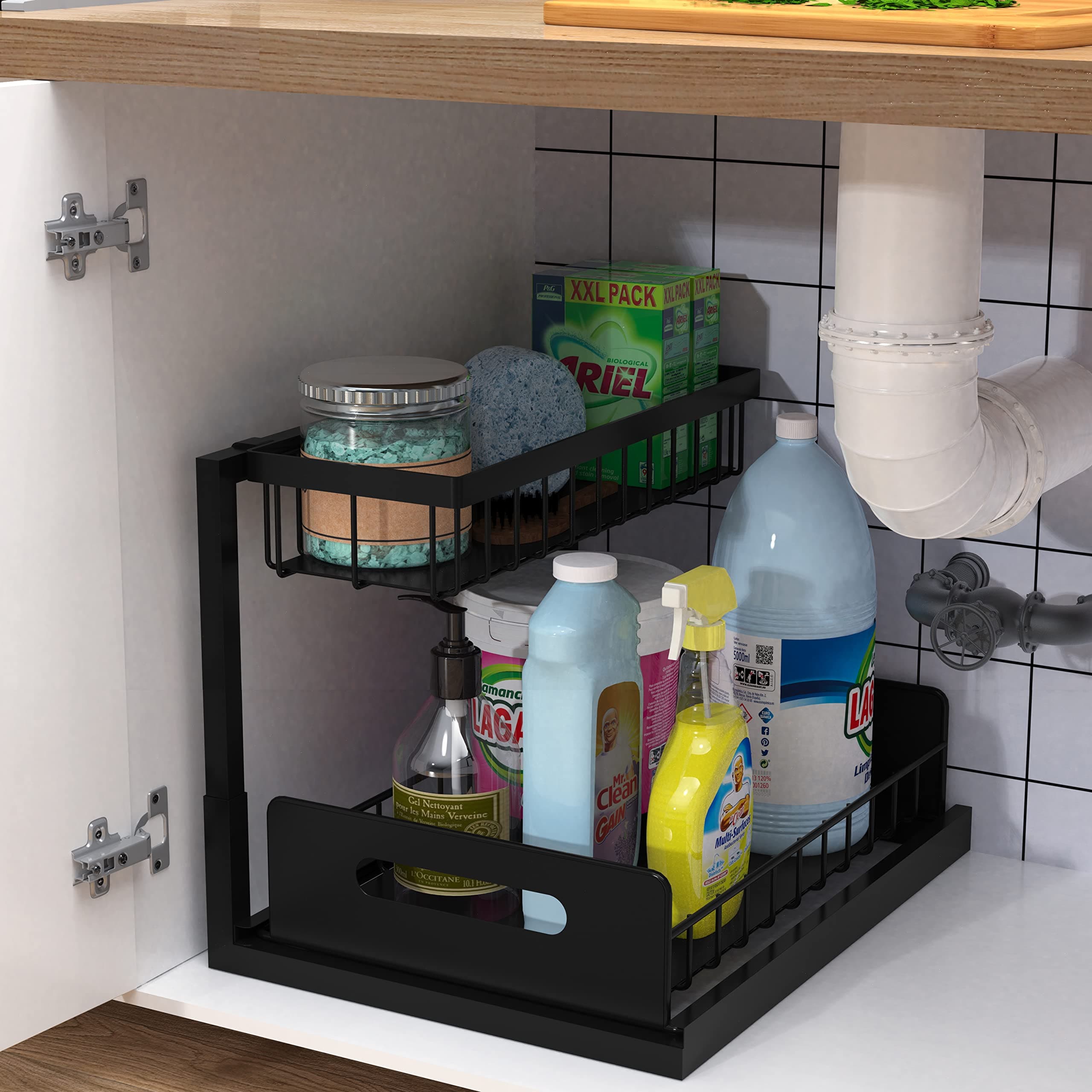 bukfen Under Sink Organizer, Pull Out Cabinet Organizer 2-Tier Slide Out Sliding Shelf Under Cabinet Storage Multi-Use for Under Kitchen Bathroom Sink Organizers and Storage