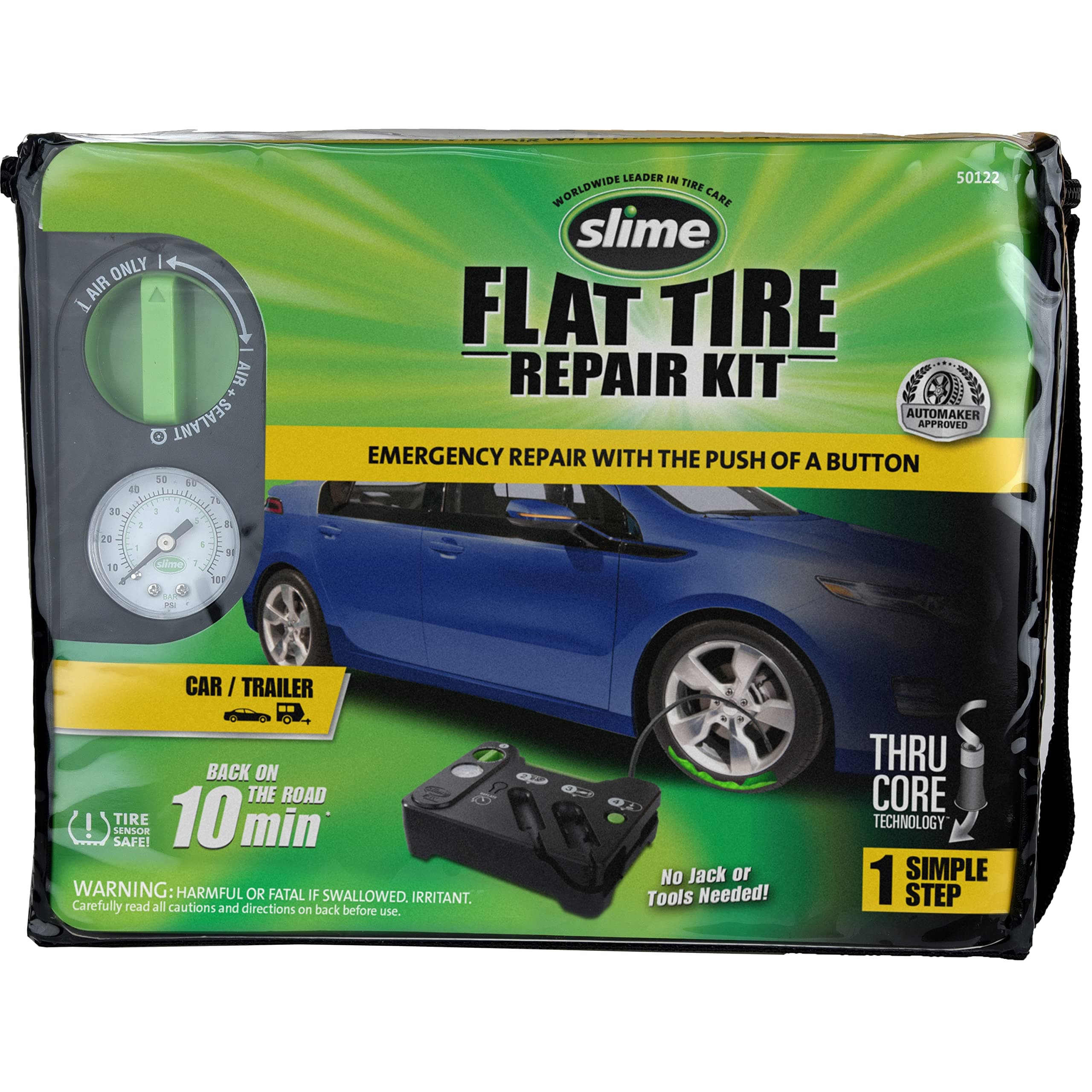 50122 Flat Tire Puncture Emergency Kit, Includes Sealant and Tire Inflator Pump, Analog, Suitable for Cars and Other Highway Vehicles, 10 Min Fix