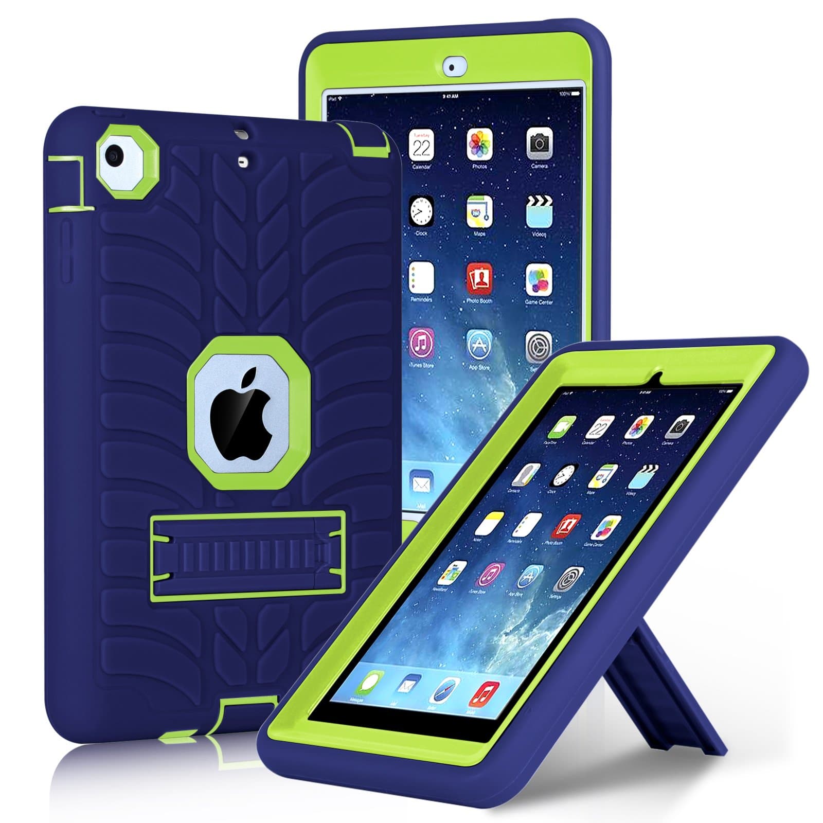 iPad Mini Case, iPad Mini 2 Case, iPad Mini 3 Case, iPad Mini Retina Case, Elegant Choise Three Layer Heavy Duty Shockproof Protective Case Cover Kickstand for iPad Mini 1/2/3 (Navy/Green)