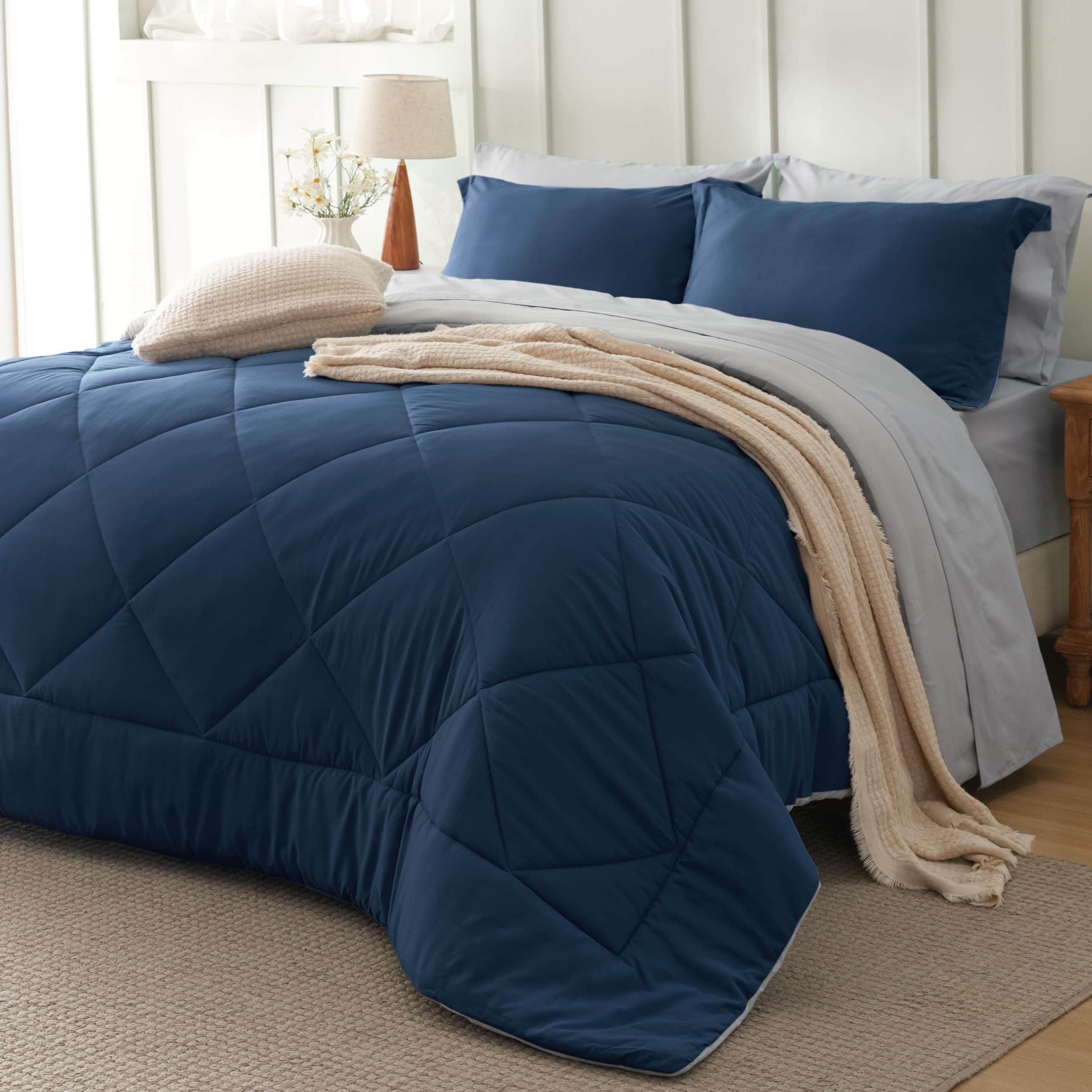 - Queen Comforter Set - 7 Pieces Reversible Navy Bedding, Queen Size Bed Set for All Seasons, Bed in a Bag with Down Alternative Comforter, Sheets, Pillowcases & Shams