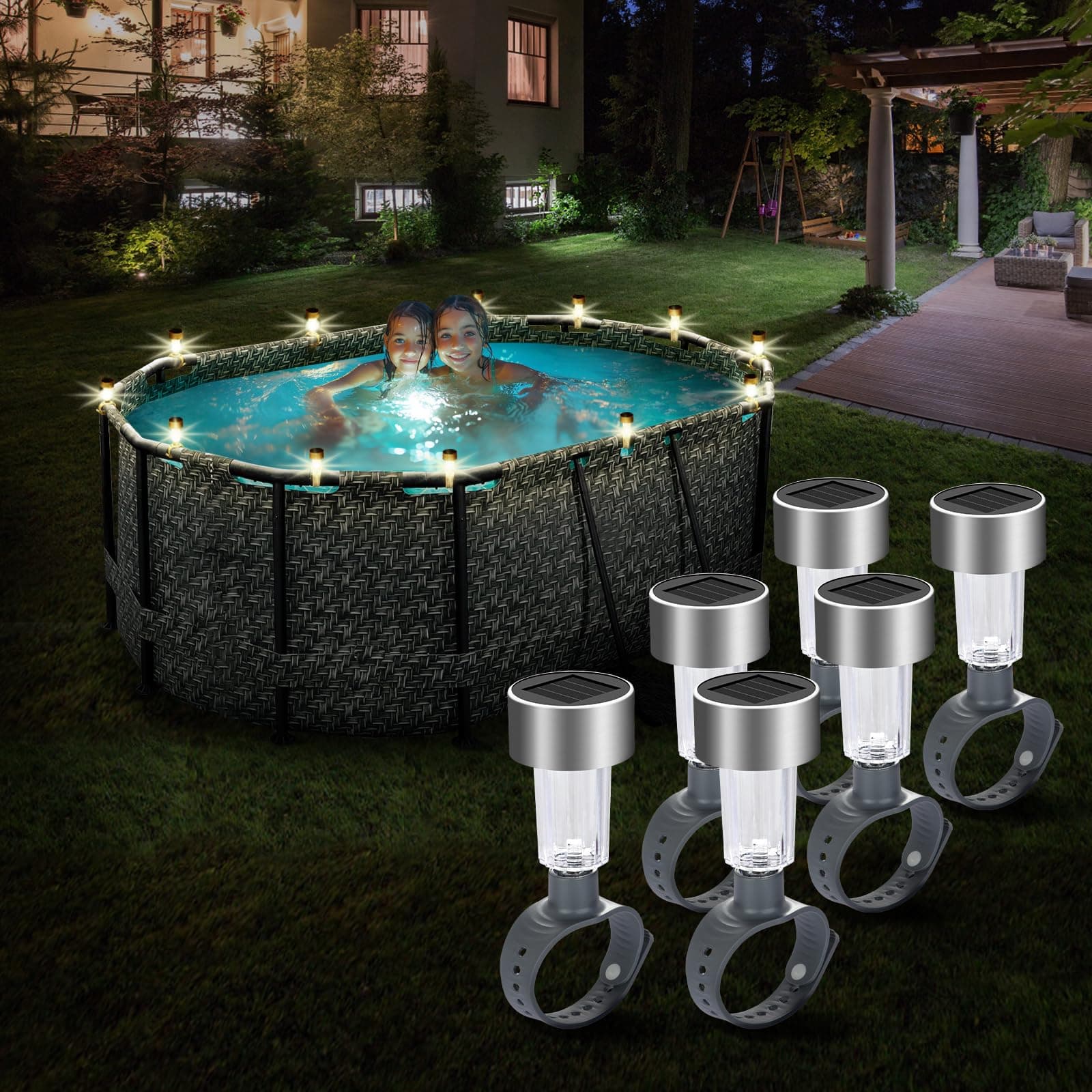 Pool Lights for Above Ground Pools, Pool Accessories for Frame Pool Decoration, Waterproof LED Solar Lights Warm Light at Night Lighting for Swimming Pools-6Pcs