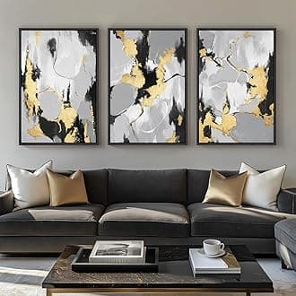 Large Framed Abstract Wall Art for Living Room, 3 Piece Modern Canvas Prints Paintings Artwork for Walls, Black Grey Gold Abstract Pictures for Hallway Stair Dining Room Office Wall Decor 24x36 Inch