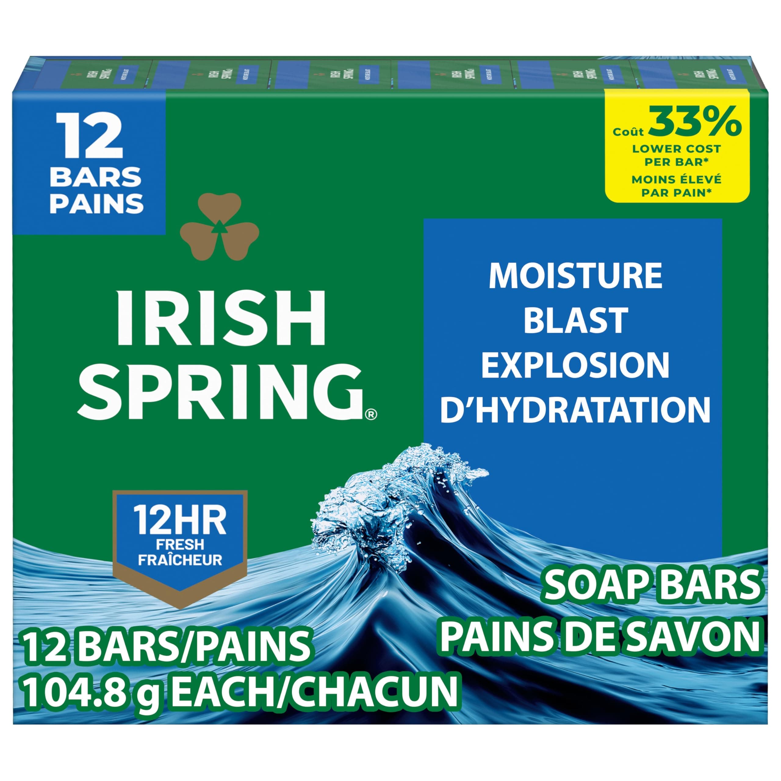 Irish Spring Moisture Blast Deodorant Bar Soap for Men, 12 Hour Fresh Deodorant Soap, 3.7 oz Bar (12 Pack)