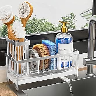 Sponge Holder for Kitchen Sink, Stainless Steel Silver Sink Caddy with High Brush Holder, Organzier Rustproof Dish Organizer, Soap Dispenser Storage, Kitchen Accessories for Organization