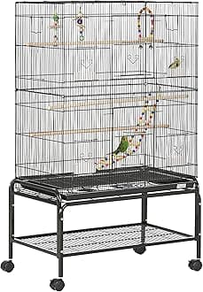 PawHut Large Bird Cage Budgie Cage with Stand, Toys, Wheels, Accessories, Storage Shelf for Canaries, Finches, Lovebirds, Parakeets - Black, 79 x 49 x 133 cm