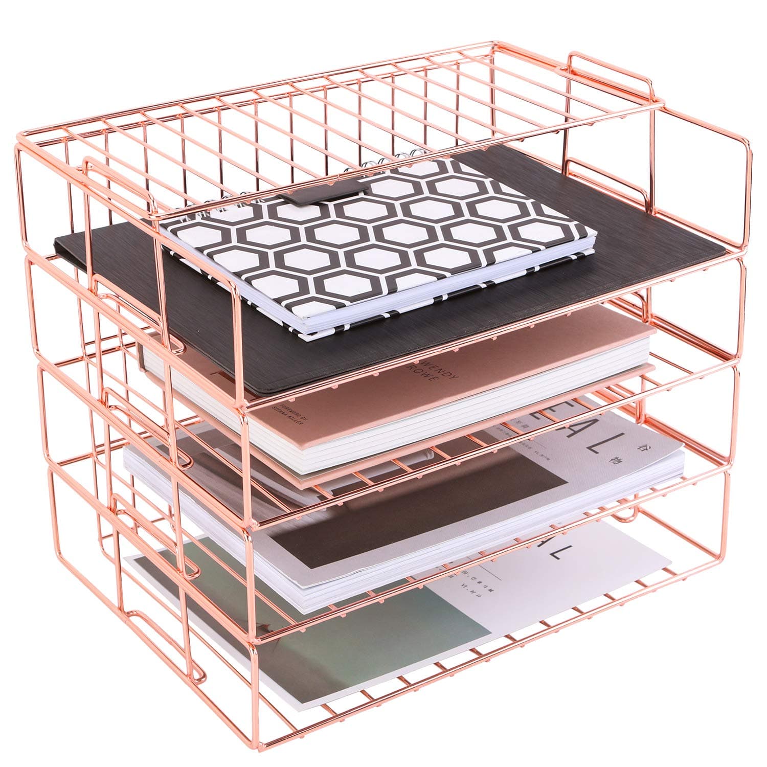 Nugorise Stackable File Tray, 4 Tier Paper Organizer Tray, Wire Desk File Sorter Shelf for Mail, Magazine, Document, Folder, Book and More (Rose Glod)