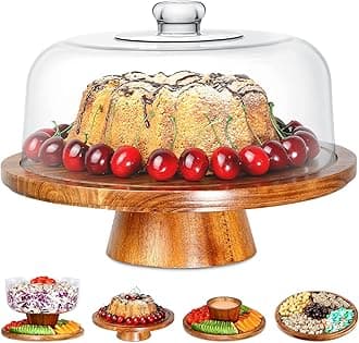 Acacia Wood Cake Stand with Clear Acrylic Dome Cover - 6-in-1 Multifunctional Cake Holder, Serving Platter, Salad/Punch Bowl, Veggie Stand, Snack Tray - Extra Large
