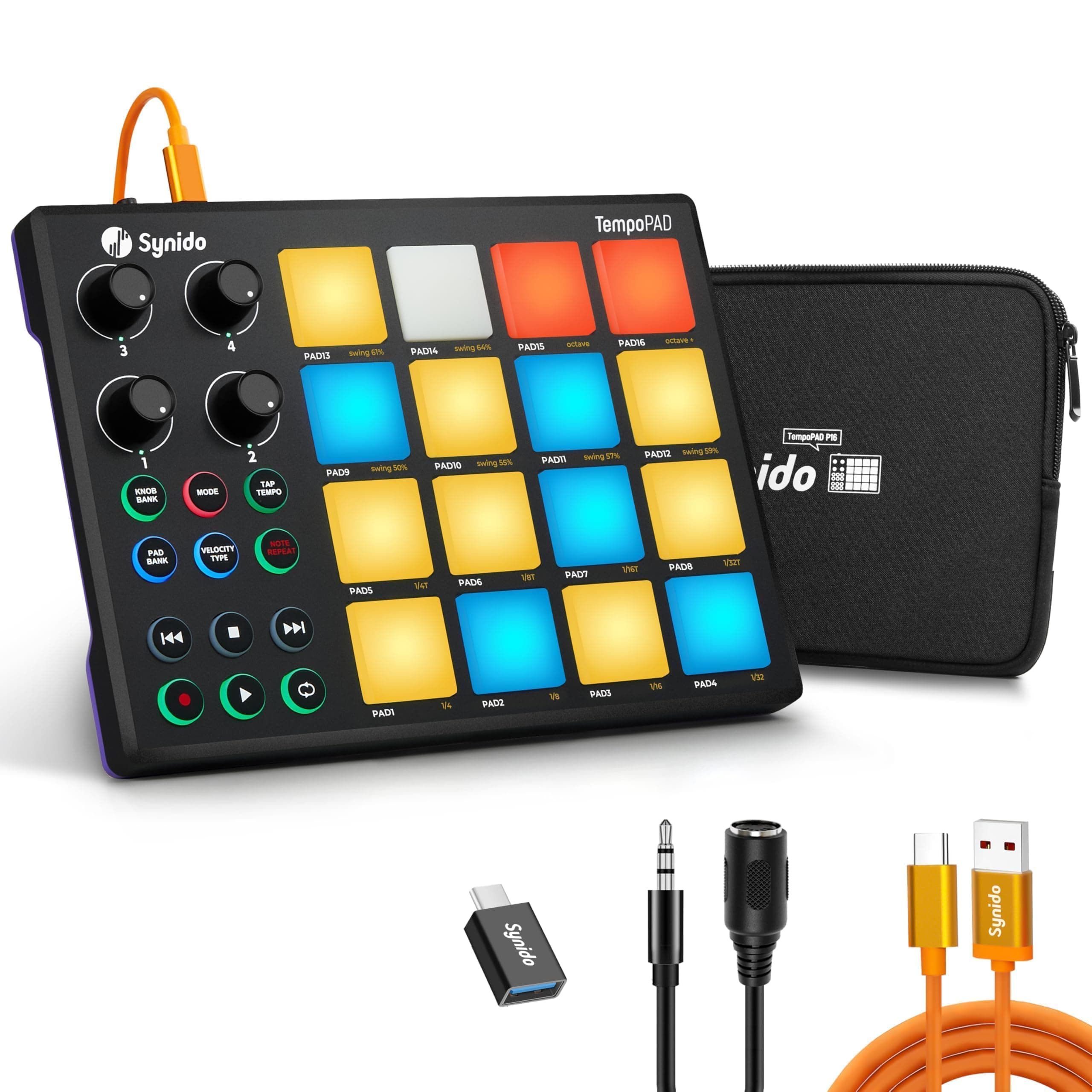 TempoPAD Midi Controller Beat Maker Machine for Music Production, Portable USB MIDI Beat Pad Controller for Beginners with Durable Carrying Bag, 16 Backlit Beat Pad, 4 Assignable Knob