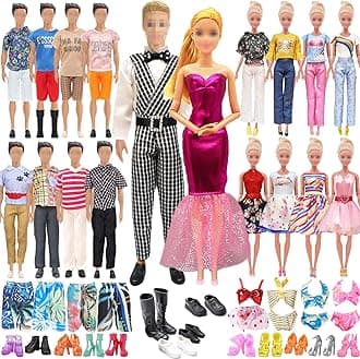 27 PCS Doll Clothes and Accessories Compatible with Barbie Ken, Include 7 Boy Outfits 7 Girl Outfits Dress Casual Wear 3 Boys Shoes 10 Girls Shoes in Random, Doll Birthday Present