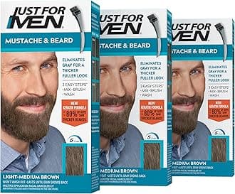 Just For Men Mustache & Beard, Beard Coloring for Gray Hair with Brush, with Keratin Biotin Aloe and Coconut Oil for Healthy Facial Hair - Light-Medium Brown, M-30, Pack of 3 (Packaging May Vary)